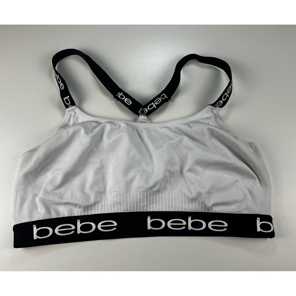 Bebe White Sports Bra Black Logo Racerback Adjustable Straps 2X